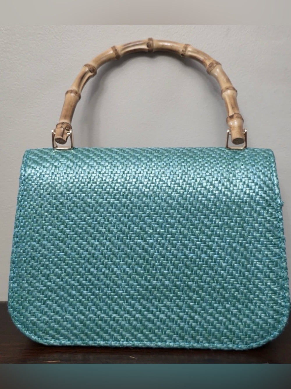 Haute Hippie Straw Purse Colorful Flower Accent Bamboo Top Handle Bag Satchel - Picture 6 of 6